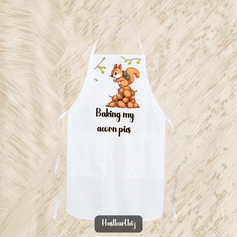 Funny apron with a determined squirrel carrying a backpack, climbing a giant stack of acorns, ideal for cooking.