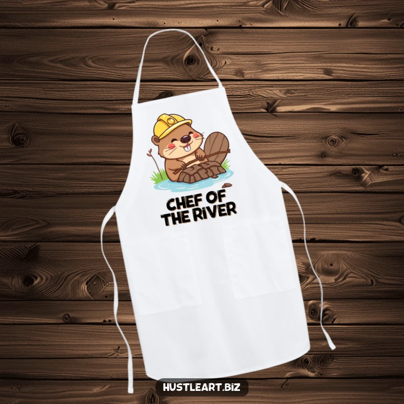 Funny apron with a happy beaver wearing a hard hat, building a dam out of twigs, ideal for cooking.