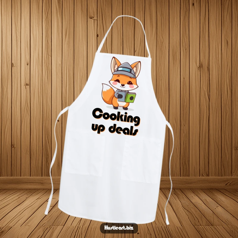 Funny Fox Business Hat Apron showcasing a playful fox carrying stacked papers and wearing a tiny business hat, perfect for kitchen use with wit.