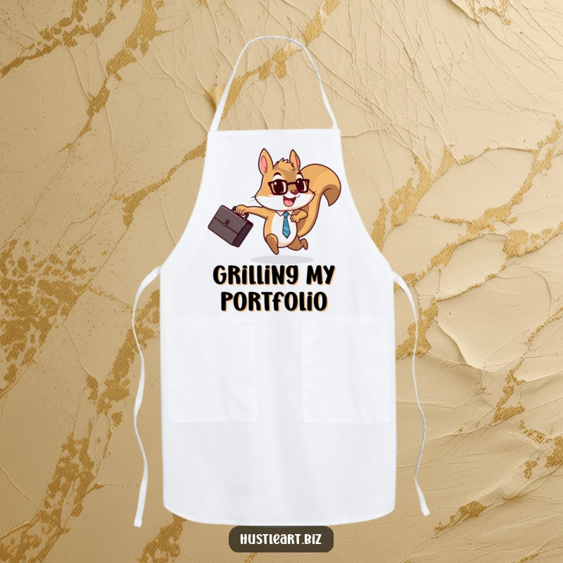Funny Squirrel Briefcase Apron showcasing a determined squirrel running with a briefcase, perfect for kitchen use with a humorous business theme.