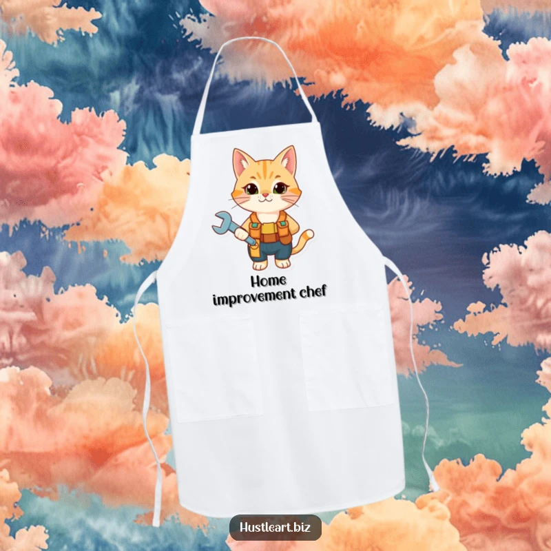 Funny Cat Mechanic Apron showing a curious cat with a tool belt and wrench, ideal for kitchen fun and humor.