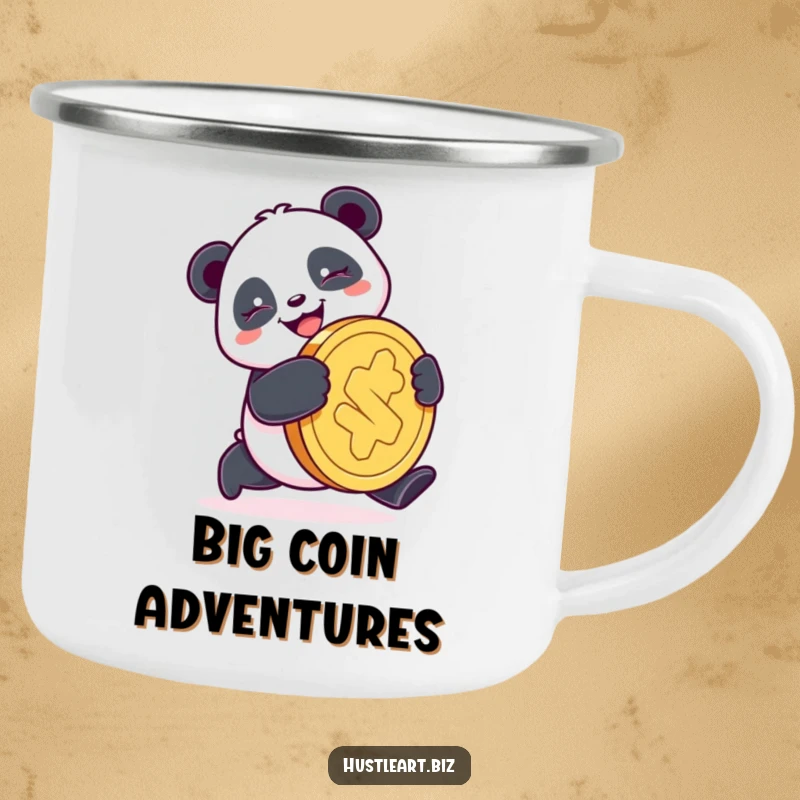 Funny Panda Coin Camping Mug depicting a happy panda pushing a giant coin with a determined smile, durable for outdoor use with a lucky theme.