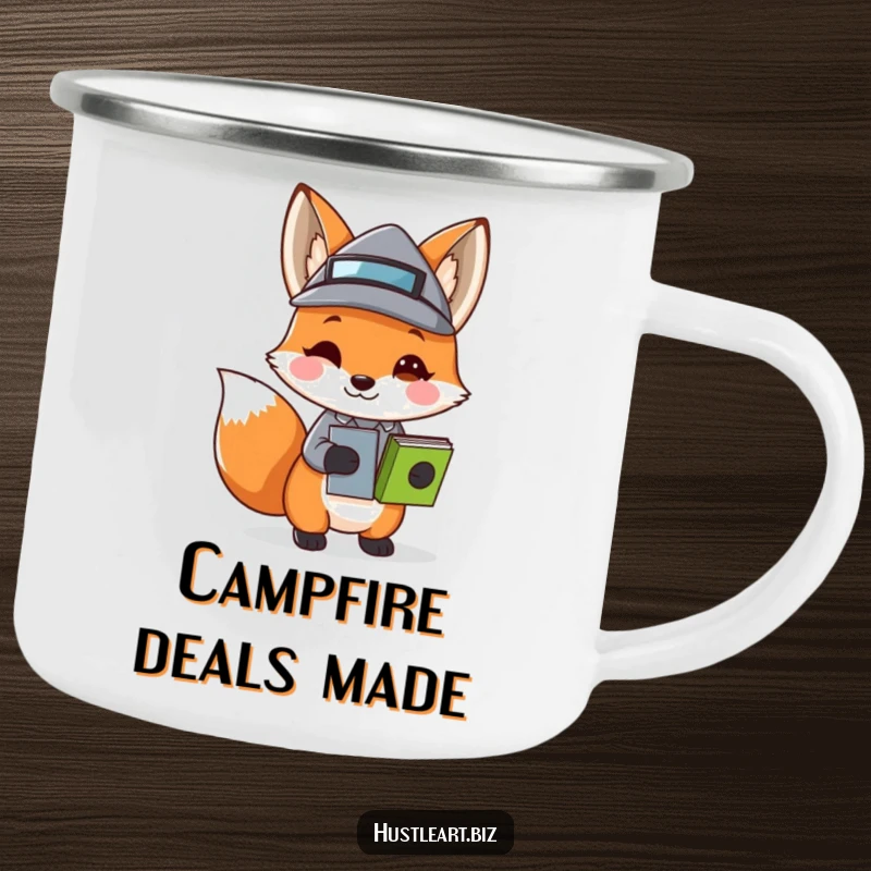 Funny Fox Business Hat Camping Mug depicting a playful fox with stacked papers and a tiny business hat, durable for outdoor use with witty humor.