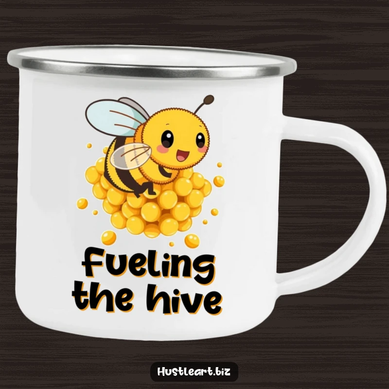 Funny camping mug showing a busy bee buzzing energetically around golden honeycombs, perfect for the outdoors.