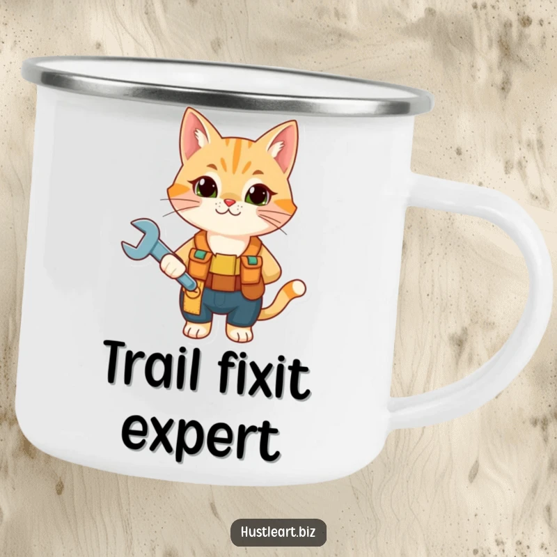 Funny Cat Mechanic Camping Mug showing a curious cat with a tool belt and wrench, perfect for outdoor adventures and humor.