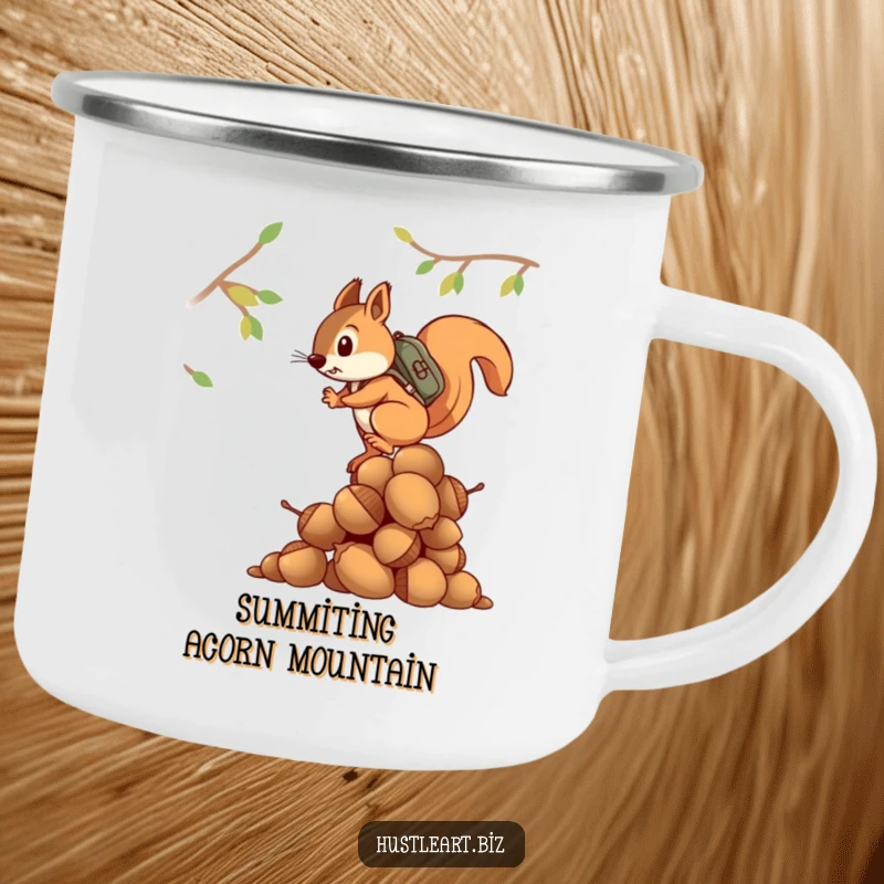 Funny camping mug showing a determined squirrel with a backpack climbing a large stack of acorns, perfect for the outdoors.