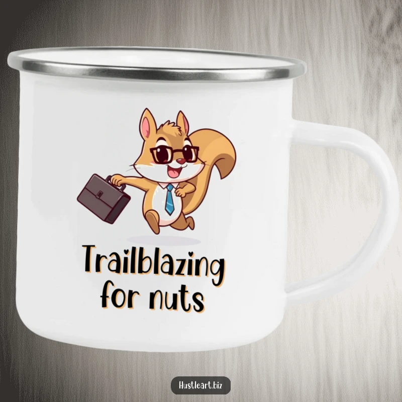 Funny Squirrel Briefcase Camping Mug depicting a determined squirrel running with a briefcase, durable for outdoor use with a humorous motivation theme.