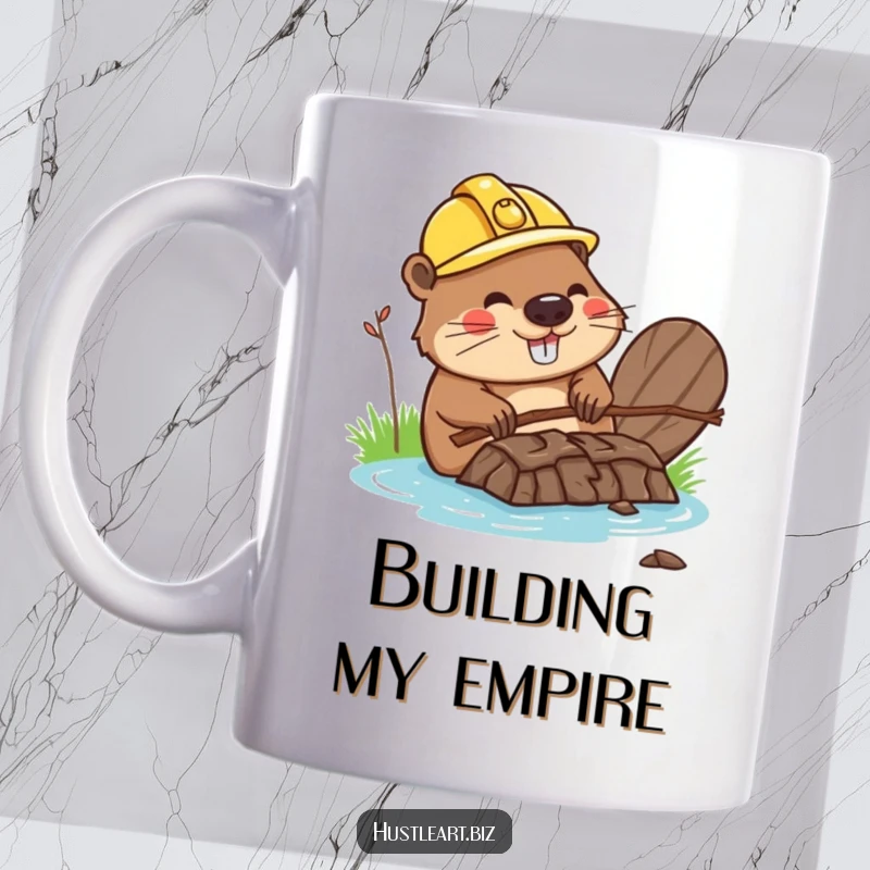 Funny mug showing a happy beaver wearing a hard hat, diligently building a dam out of twigs with a smile.