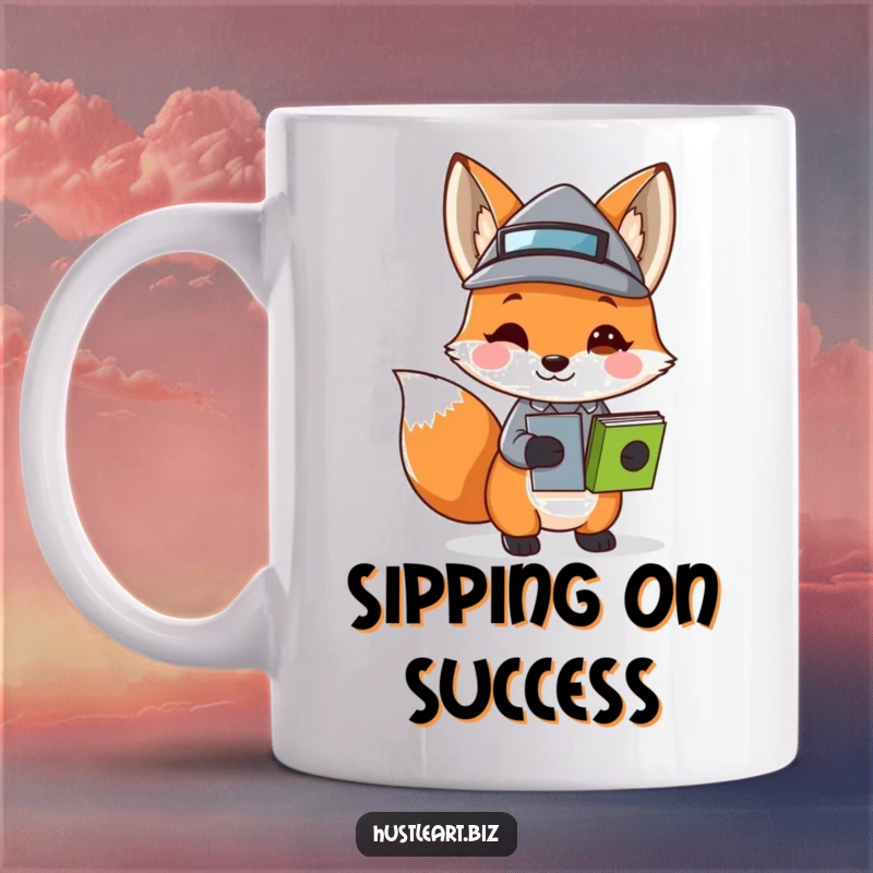 Funny Fox Business Hat Mug featuring a playful fox in a tiny business hat, carrying stacked papers, symbolizing cleverness and office fun.