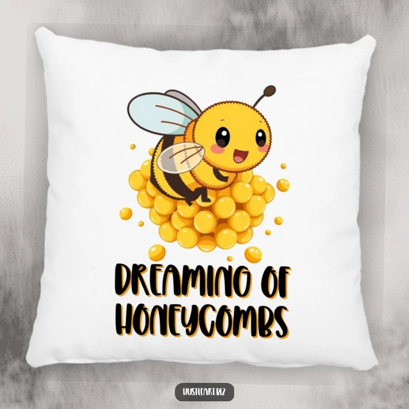Funny pillow showing a busy bee buzzing energetically around a pile of golden honeycombs, perfect for lounging.