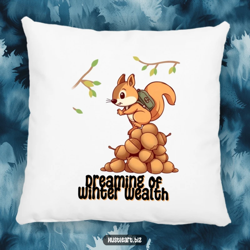 Funny pillow showcasing a determined squirrel wearing a backpack and climbing a large stack of acorns, perfect for lounging.