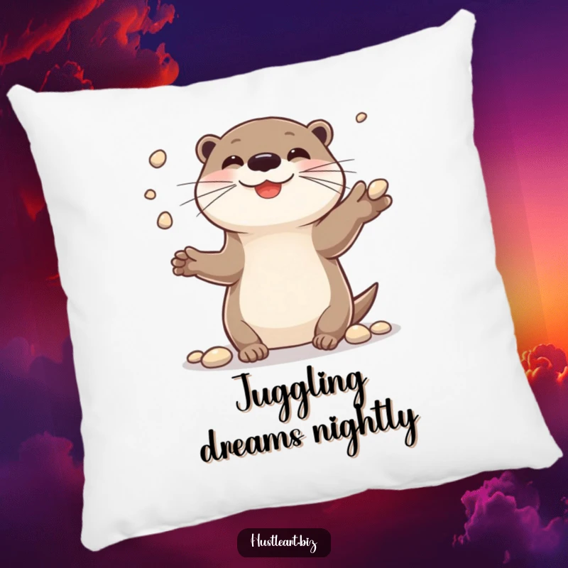 Funny pillow showing a cheerful otter smiling while juggling small shiny pebbles, perfect for lounging.