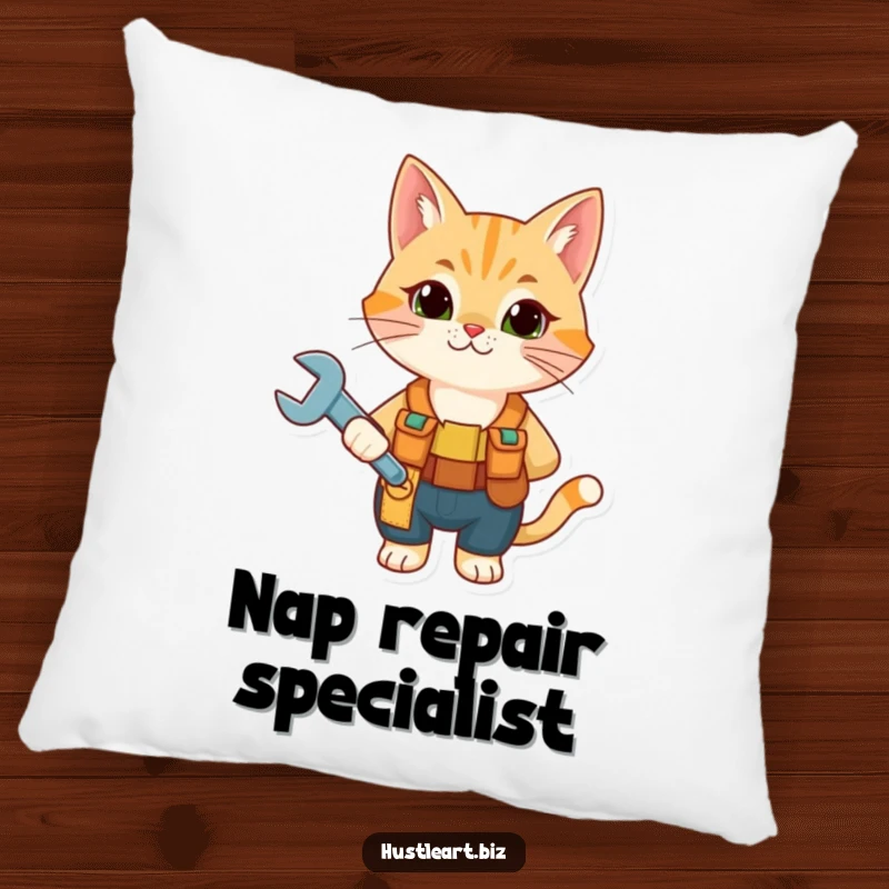 Funny Cat Mechanic Pillow with a curious cat wearing a tool belt and holding a wrench, offering comfort and humor.