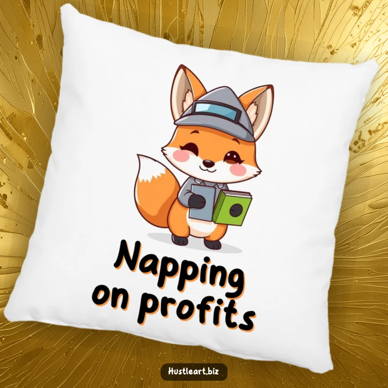 Funny Fox Business Hat Pillow with a design of a playful fox carrying stacked papers in a tiny business hat, offering comfort and witty humor.