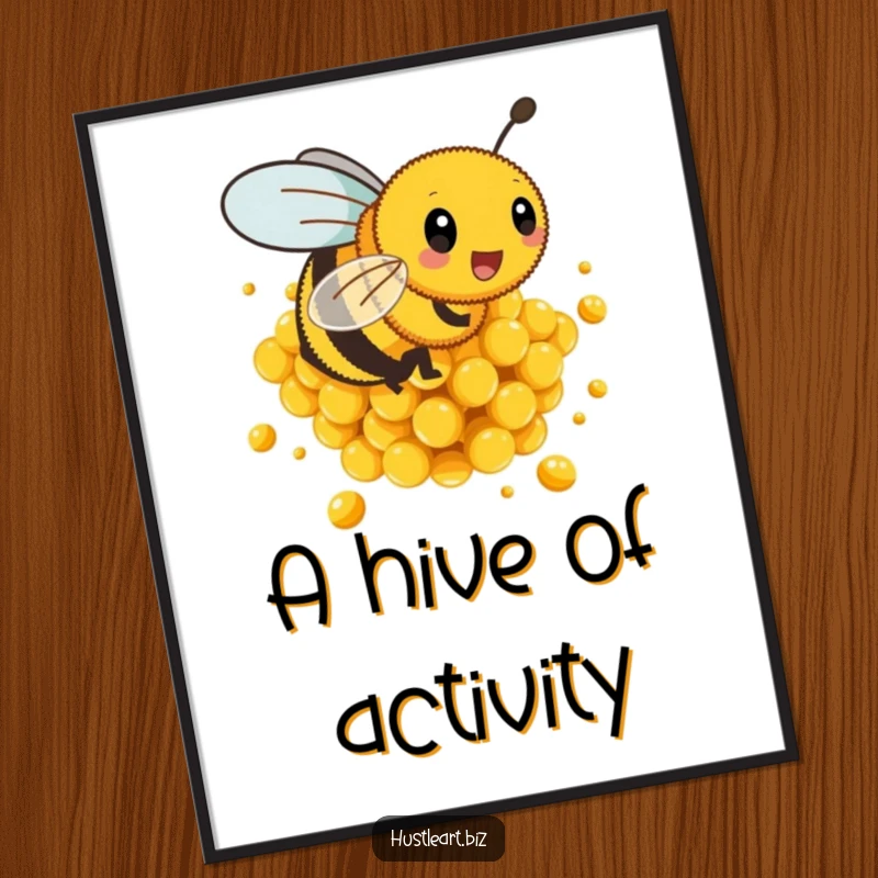 Funny digital art print of a busy bee buzzing energetically around golden honeycombs, wall decor for a lively home.