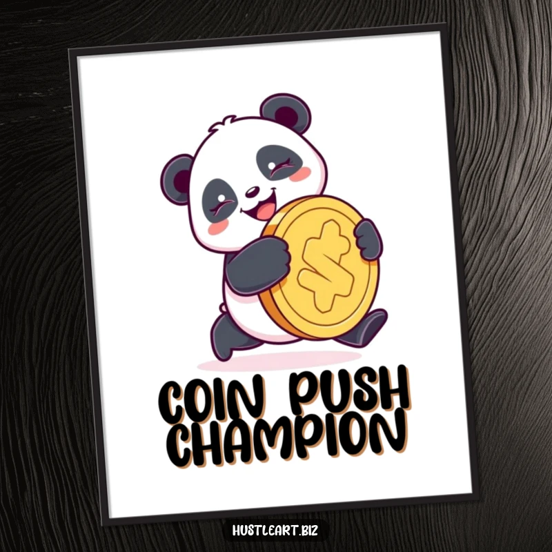 Funny Panda Coin Digital Art Print showing a happy panda pushing a giant coin with a determined smile, ideal for instant download.