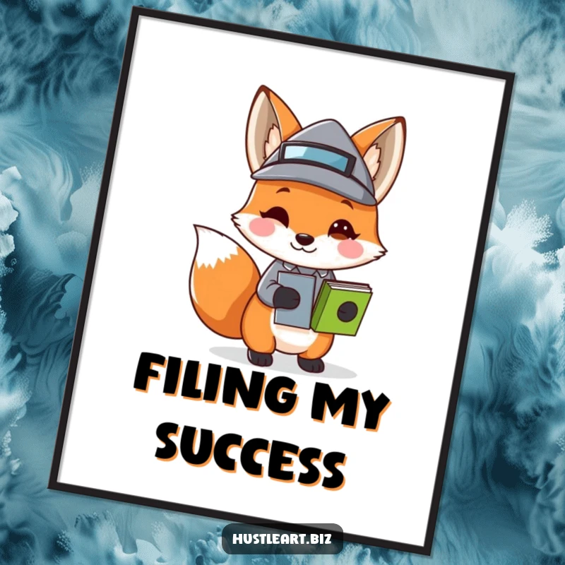 Funny Fox Business Hat Digital Art Print showing a playful fox wearing a tiny business hat and carrying stacked papers, ideal for instant download.