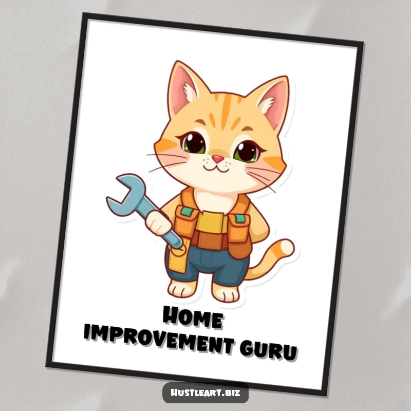 Funny Cat Mechanic Digital Art Print of a curious cat in a tool belt holding a wrench, perfect for humorous home decor.