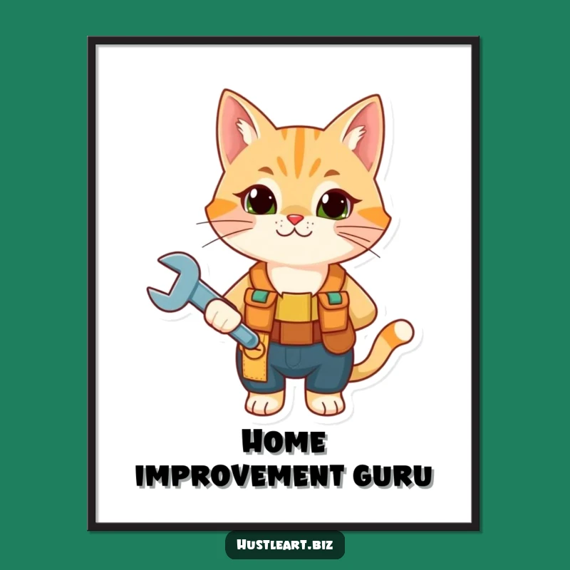 Funny Cat Mechanic Digital Art - Downloadable Tool Belt Wrench Feline Decor Gift