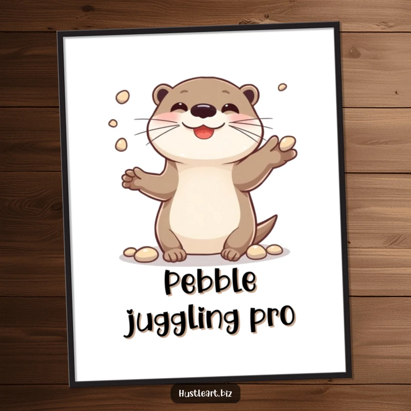 Funny digital art print of a cheerful otter smiling while juggling small shiny pebbles, wall decor for a happy home.