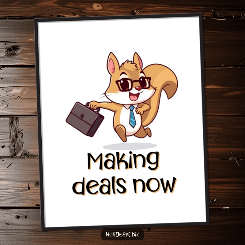 Funny Squirrel Briefcase Digital Art Print showing a determined squirrel running with a briefcase and a cheerful expression, ideal for instant download.