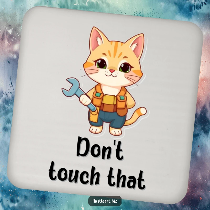 Funny Cat Mechanic Coaster showing a curious cat with a tool belt and wrench, protecting surfaces with humor.