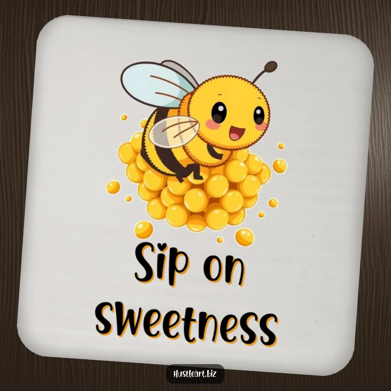Funny drink coaster featuring a busy bee buzzing energetically around golden honeycombs, protecting surfaces.
