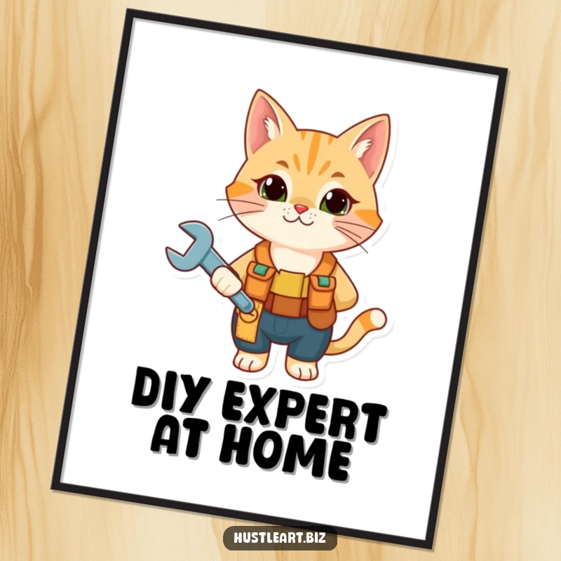 Funny Cat Mechanic Poster showing a curious cat in a tool belt holding a wrench, adding a humorous touch to any room.
