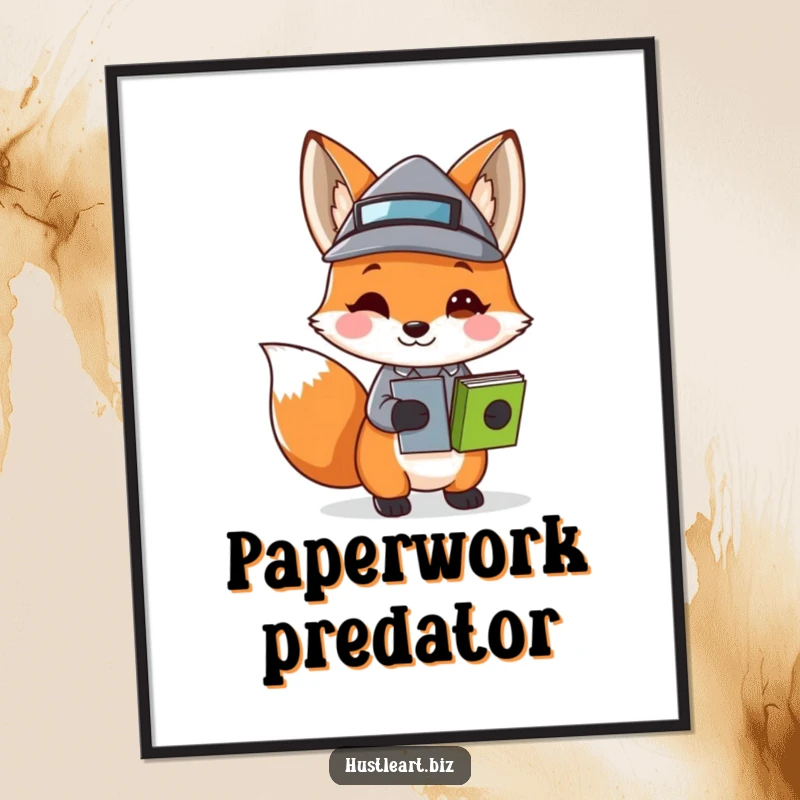 Funny Fox Business Hat Poster featuring a playful fox wearing a tiny business hat and carrying stacked papers, great for office decor.