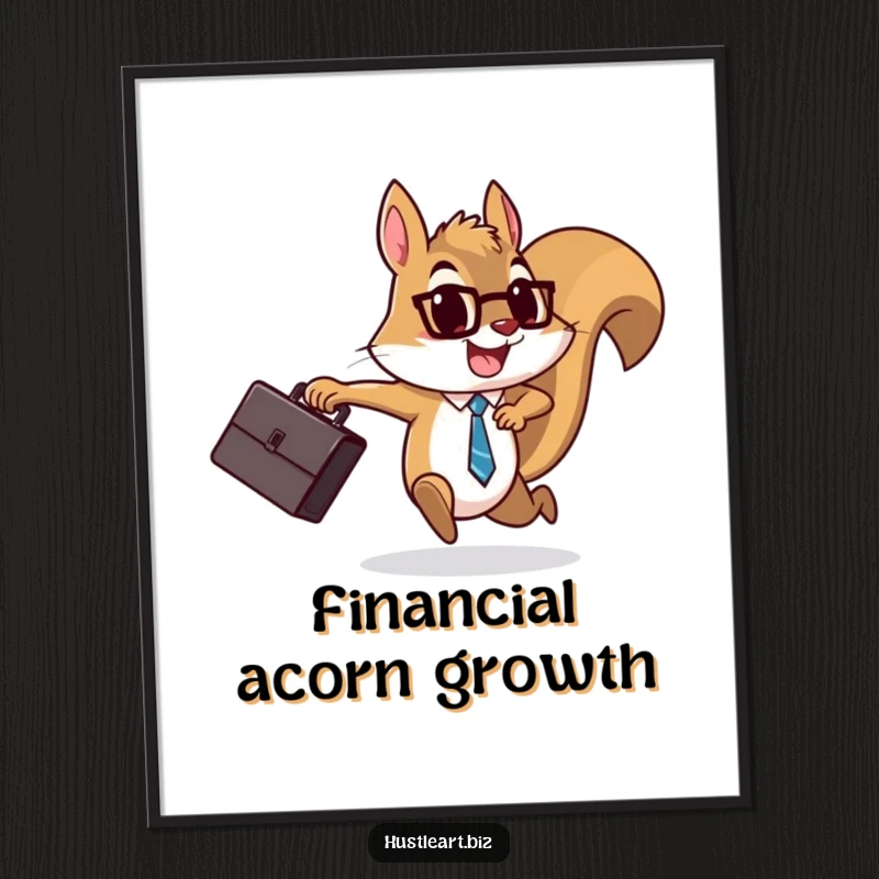 Funny Squirrel Briefcase Poster featuring a determined squirrel running with a briefcase and a cheerful expression, perfect for office or home decor.