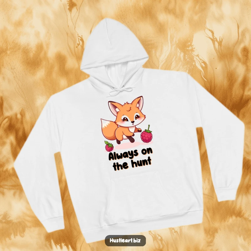 Funny hoodie with a playful fox with a determined gaze chasing a rolling berry, perfect for warmth.
