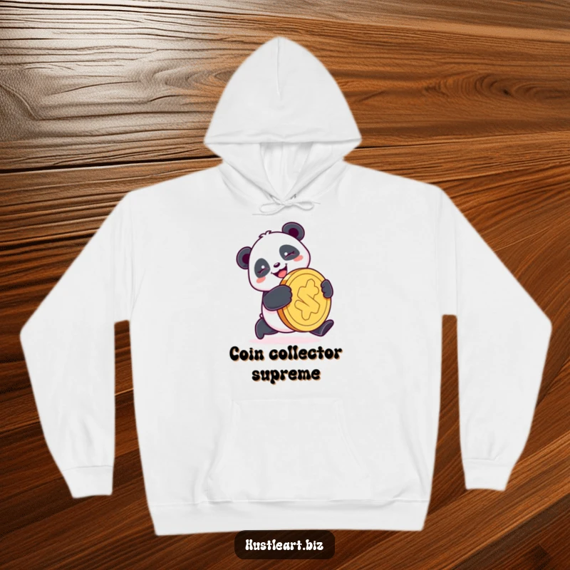 Funny Panda Coin Hoodie featuring a happy panda determinedly pushing a giant coin, offering warmth and humorous luck-themed comfort.