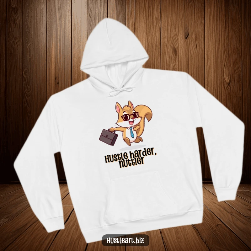 Funny Squirrel Briefcase Hoodie featuring a determined squirrel running energetically with a briefcase, offering warmth and humorous motivation.