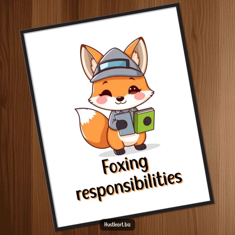 Funny Free Printable Wall Art: A playful fox wearing a tiny business hat juggles papers, adding witty, professional charm to any wall space.