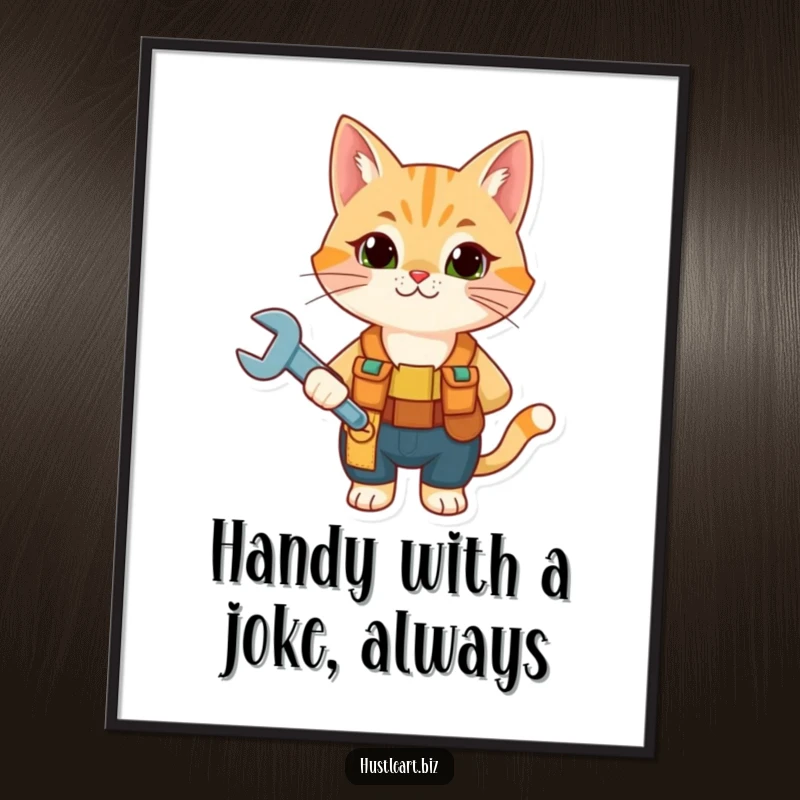 Funny Free Printable Wall Art: Curious cat in tool belt holding a wrench, ready for DIY projects.