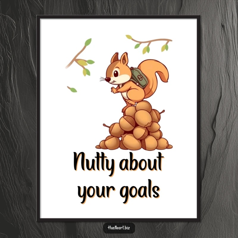 Funny Free Printable Wall Art: Determined squirrel wearing backpack, climbing a giant stack of acorns with effort.
