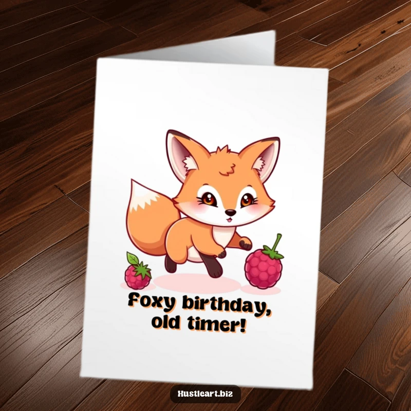 Funny Free Printable Birthday Card: Playful fox intently chasing rolling berry, wishing happy birthday with zeal.