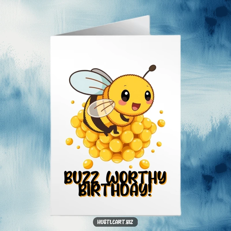 Funny Free Printable Birthday Card: Busy bee energetically buzzing around golden honeycombs, delivering birthday cheer.