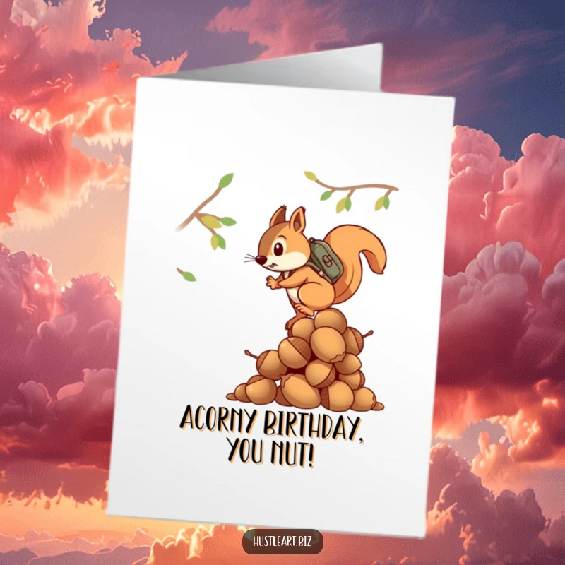 Funny Free Printable Birthday Card: Determined squirrel with backpack scaling massive acorn pile, ready to celebrate!