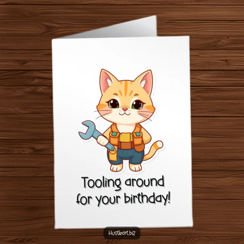 Funny Free Printable Birthday Card: Curious cat in tool belt fixes it up with a wrench for a hilarious DIY gift.
