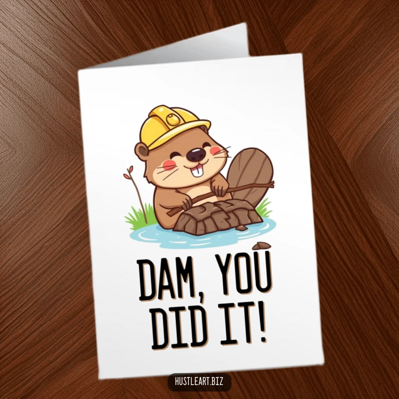 Funny Free Printable Congrats Card: Happy beaver in hard hat proudly finishing a twig dam, signifying success.