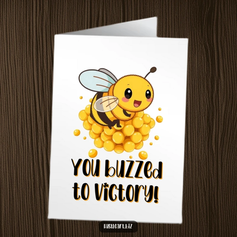 Funny Free Printable Congrats Card: Busy bee buzzing excitedly around a pile of honeycombs, celebrating success.