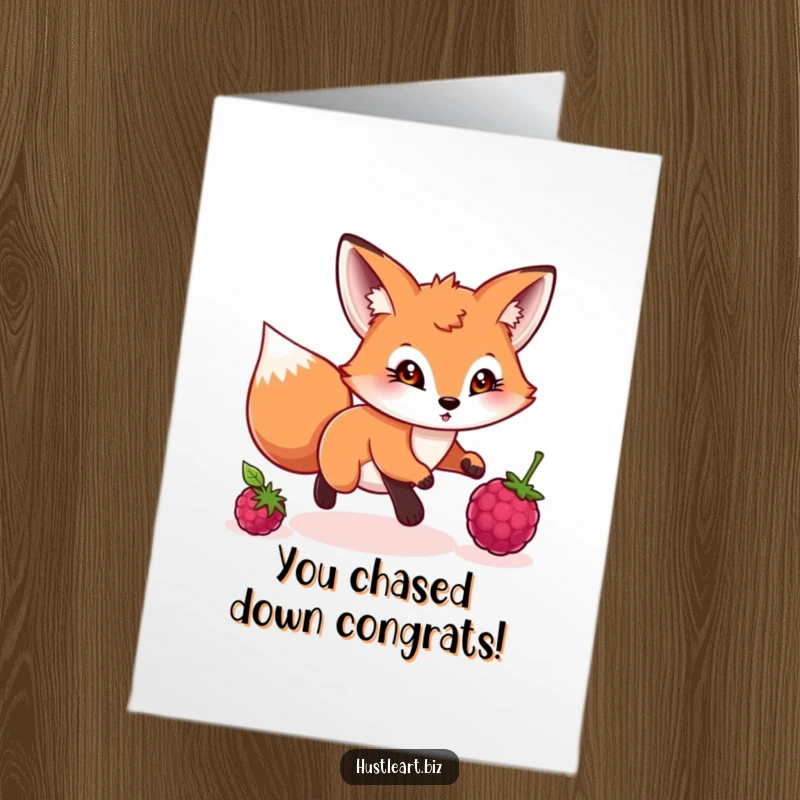 Funny Free Printable Congrats Card: Playful fox focused on catching a rolling berry, symbolizing a goal achieved.