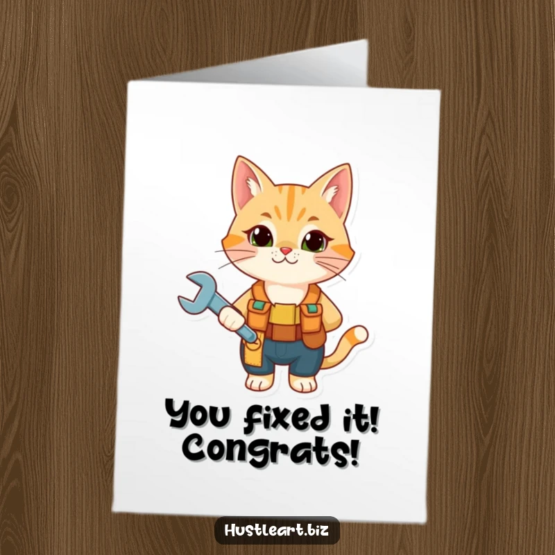 Funny Free Printable Congratulations Card: Cat with wrench and tool belt offers congratulations and DIY spirit.