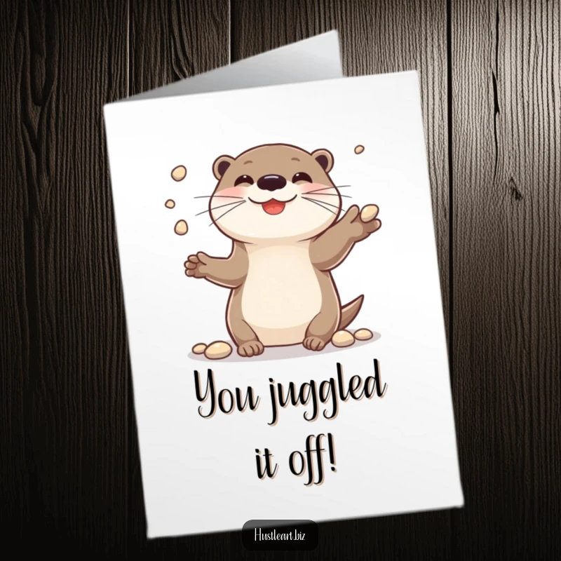 Funny Free Printable Congrats Card: Cheerful otter skillfully juggling pebbles with a big smile, signifying success.