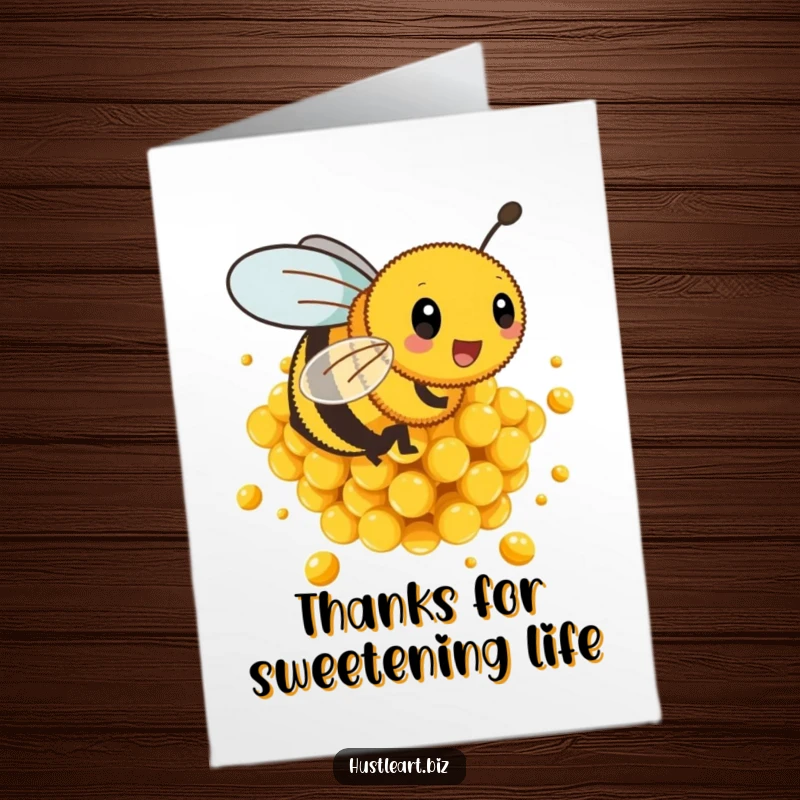 Funny Free Printable Thank You Card: Busy bee hovering near honeycombs, conveying thanks with cheerful energy.