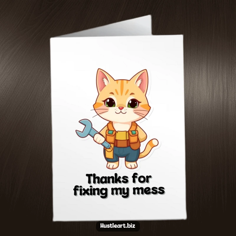 Funny Free Printable Thank You Card: Grateful cat with tool belt and wrench offers a DIY thank you.