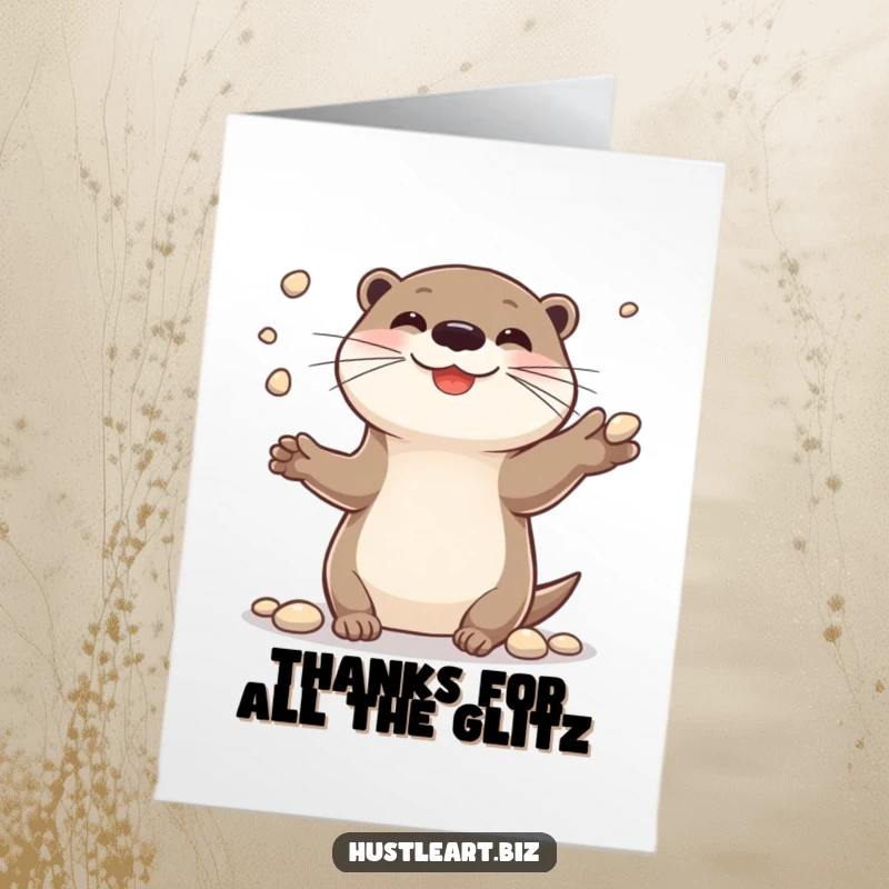 Funny Free Printable Thank You Card: Cheerful otter juggling pebbles, offering thanks with a wide smile.