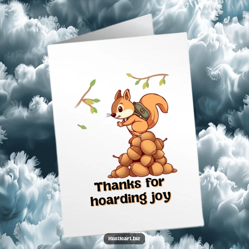Funny Free Printable Thank You Card: Squirrel with packed backpack expressing thanks from atop acorn pile.