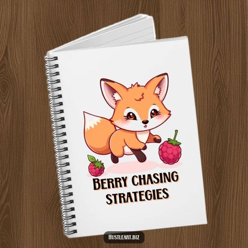 Funny notebook featuring a playful fox with a determined gaze chasing a rolling berry, perfect for note-taking.